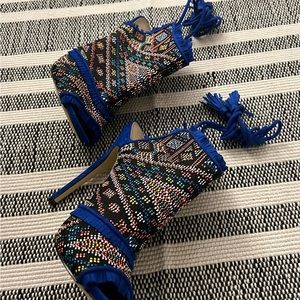 Size 7 multi color Shoe Dazzle heels with tassel tie up straps